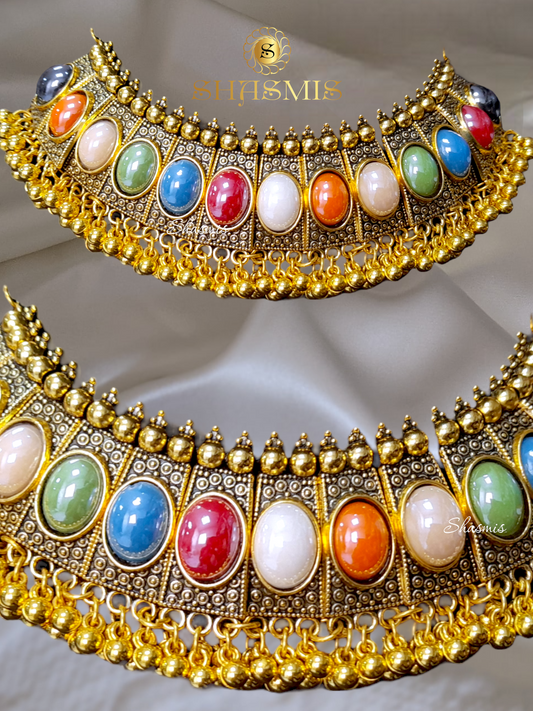 Multi Color Stone Golden Choker With Ghungroo On Drop with Earrings