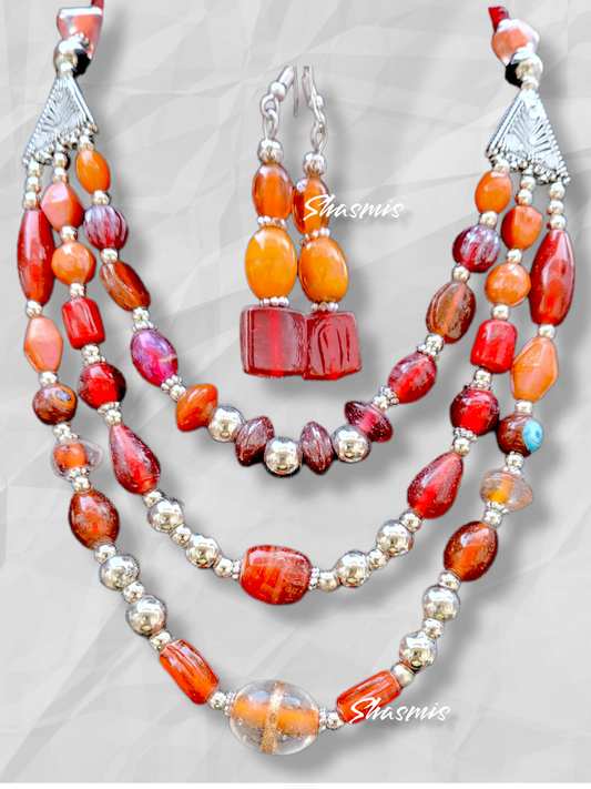 Red Beads Silver Layer Necklace With Earrings