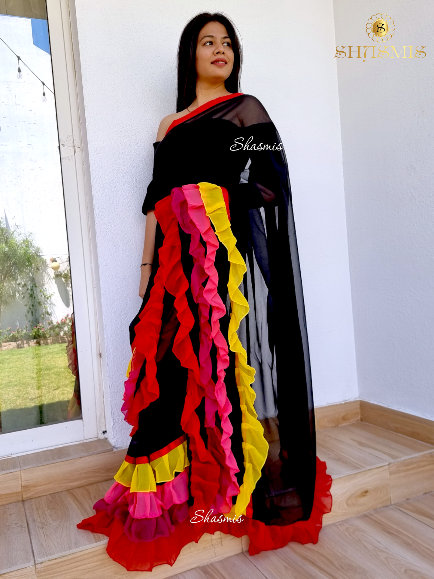 Ruffle Multi Color Georgette Saree