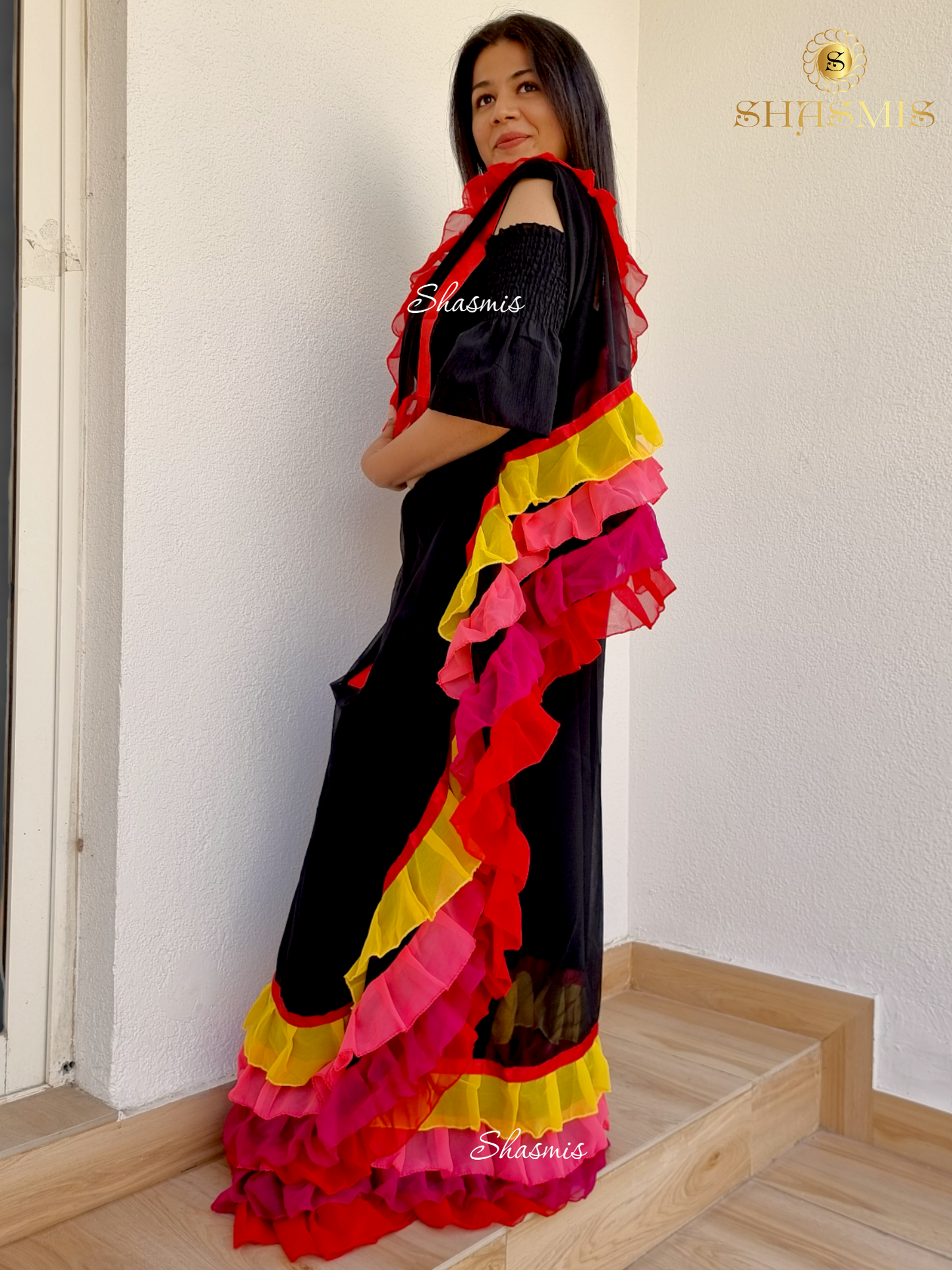 Ruffle Multi Color Georgette Saree