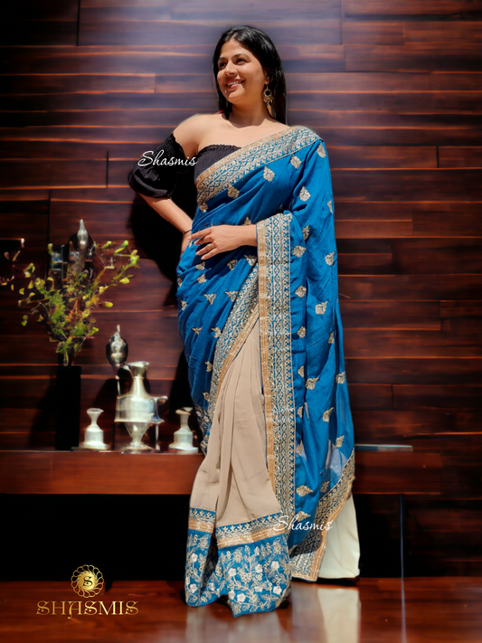 Rama Blue and Beige Color Zari Work Georgette Saree