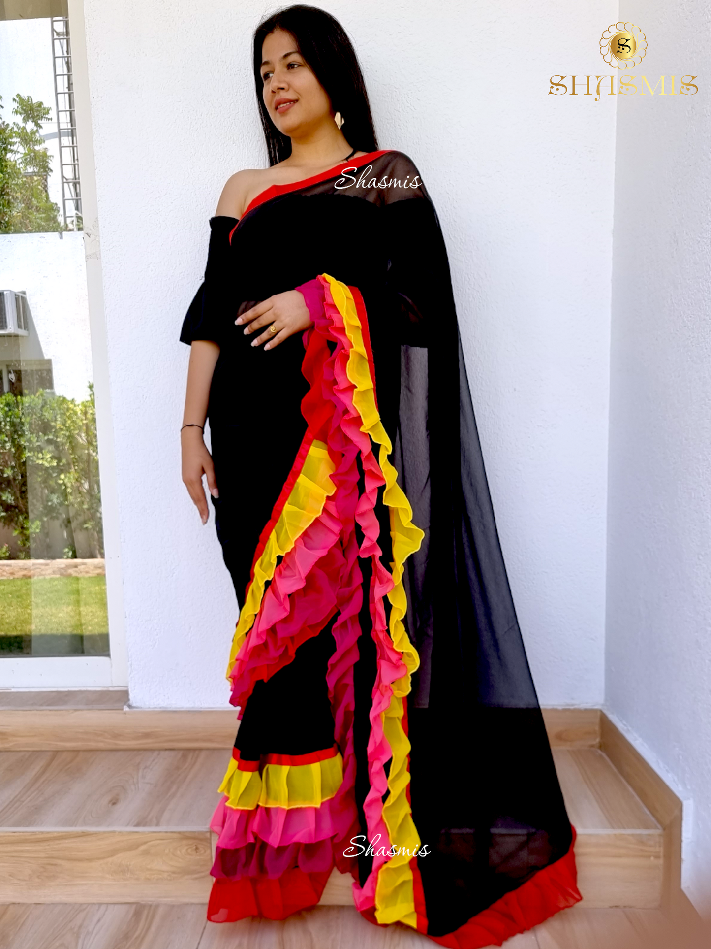 Ruffle Multi Color Georgette Saree