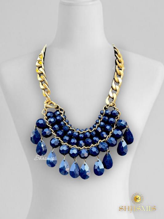 Blue Beads Fashionable Design Golden Polish Faux Necklace