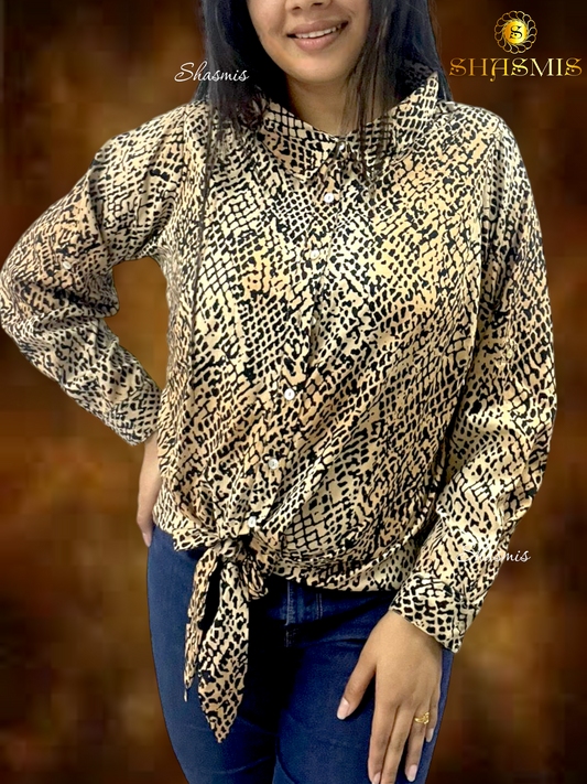 Cheetah Print Shirt Knot On Waist