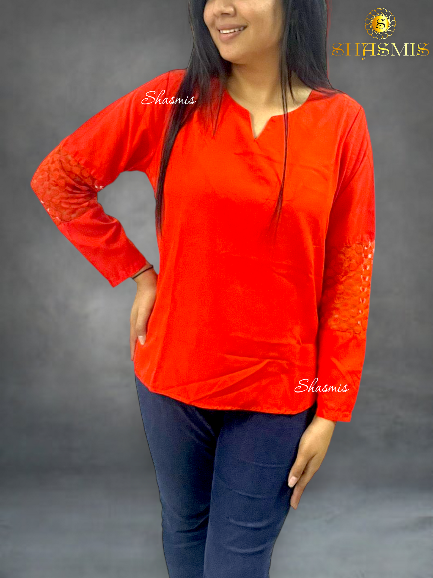 Orange Color Top With Net Design On Sleeves