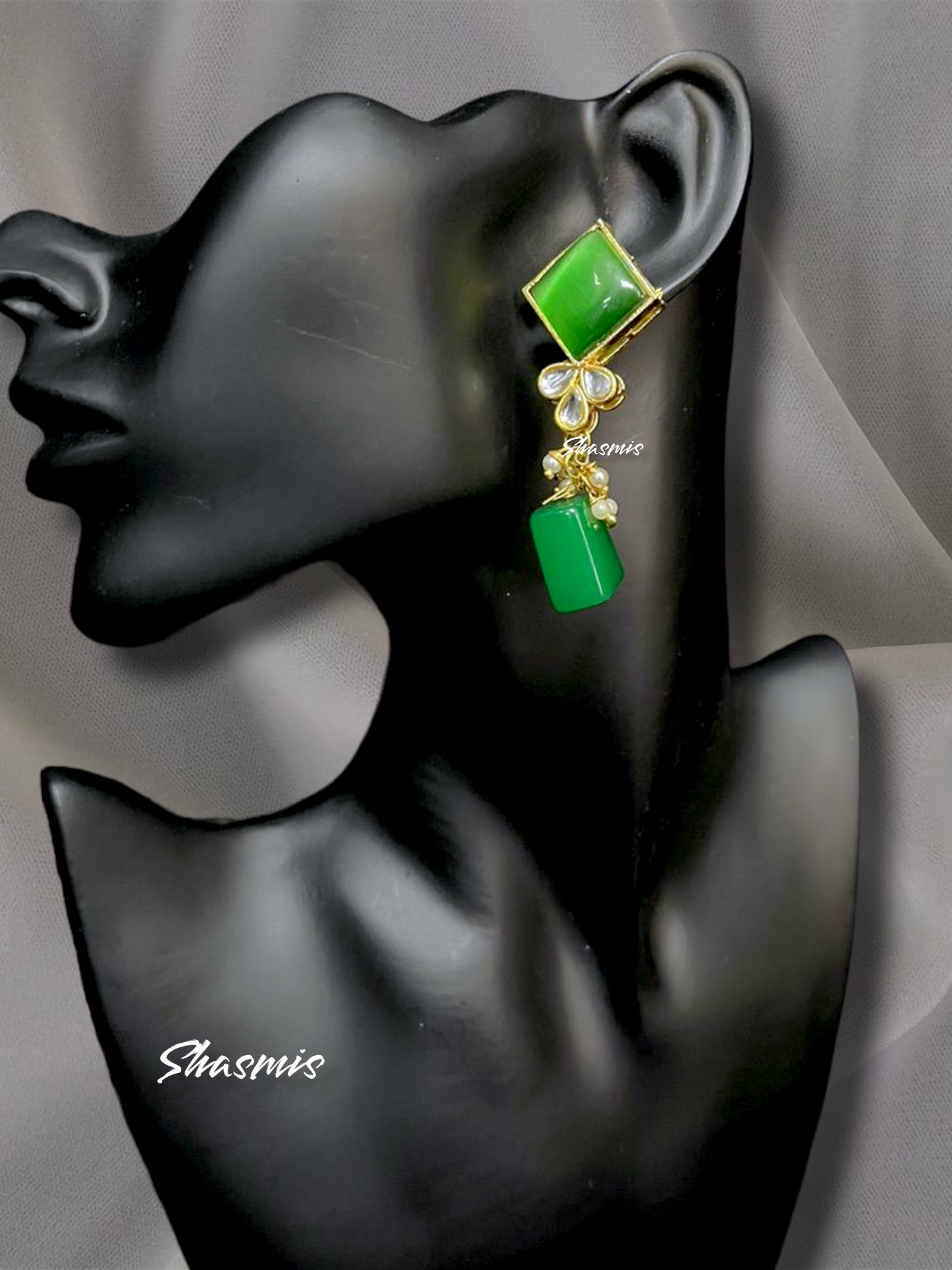 Green Color Long Monalisa Stone Necklace With Earrings