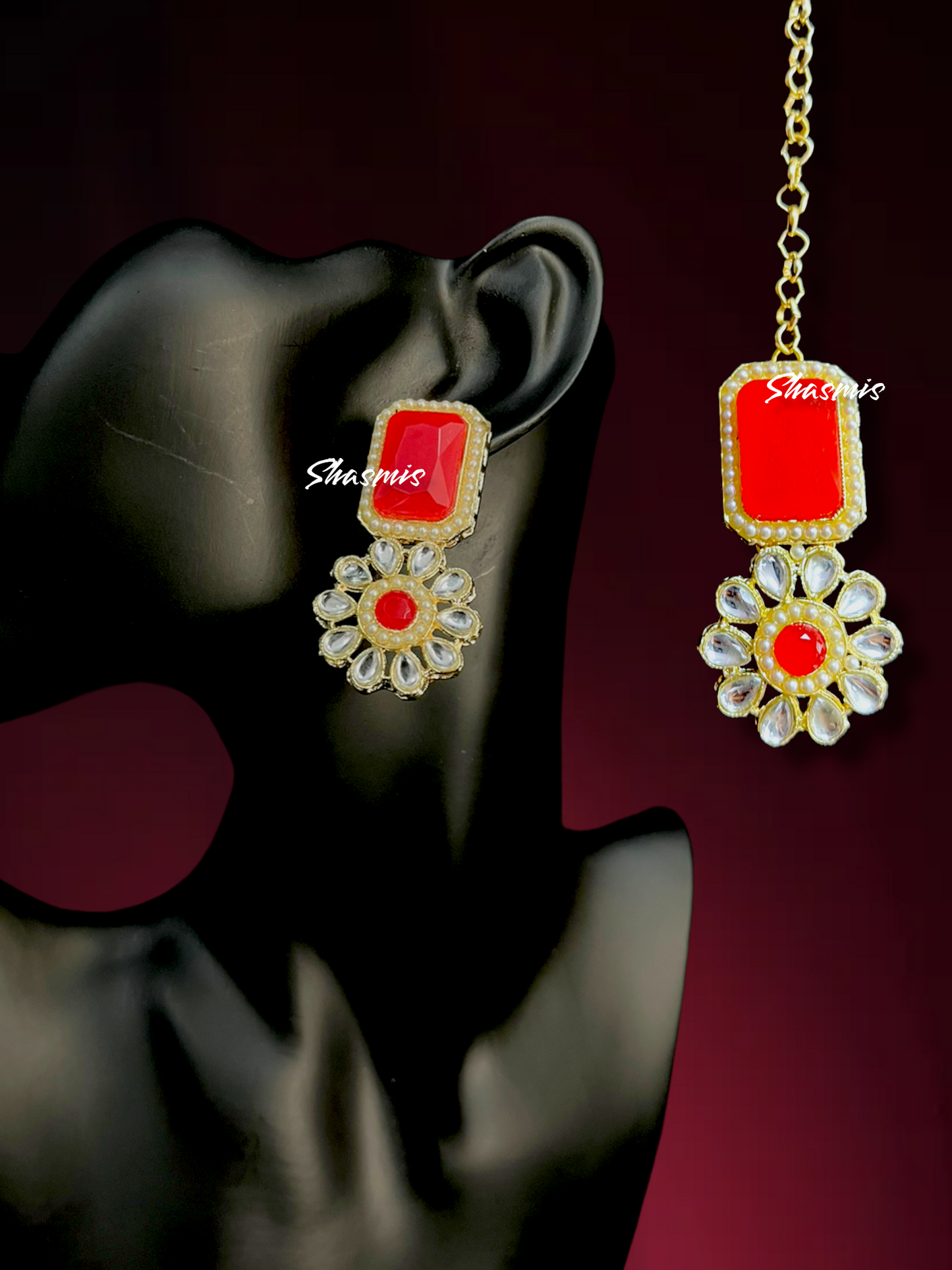 Red Color Stone Necklace With Earrings and Mangtika