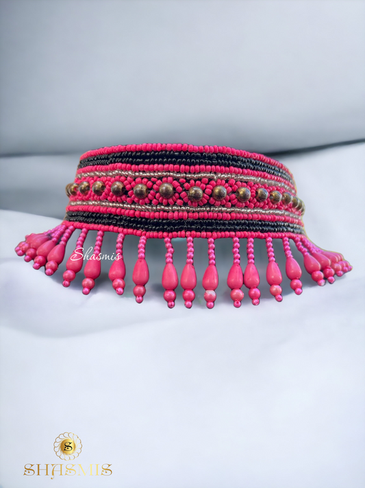 Pink and Black Color Embroidery Beads Necklace With Earrings