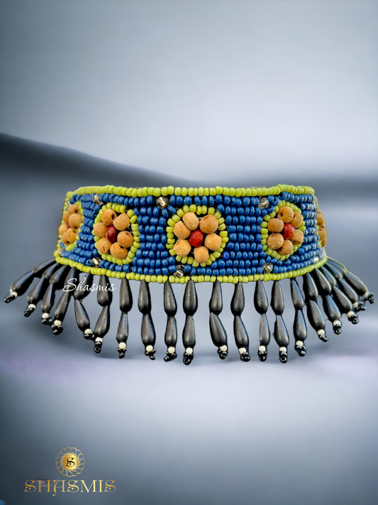 Blue Beads With Yellow Design Beads Embroidery Necklace With Earrings