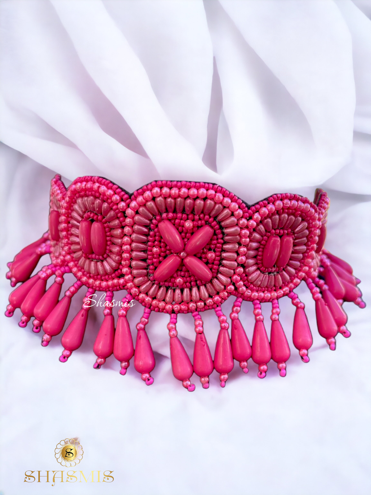 Pink Color Beads Embroidery Necklace With Earrings