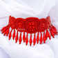 Red Color Beads With Design Drop Beads Embroidery Necklace And Earrings