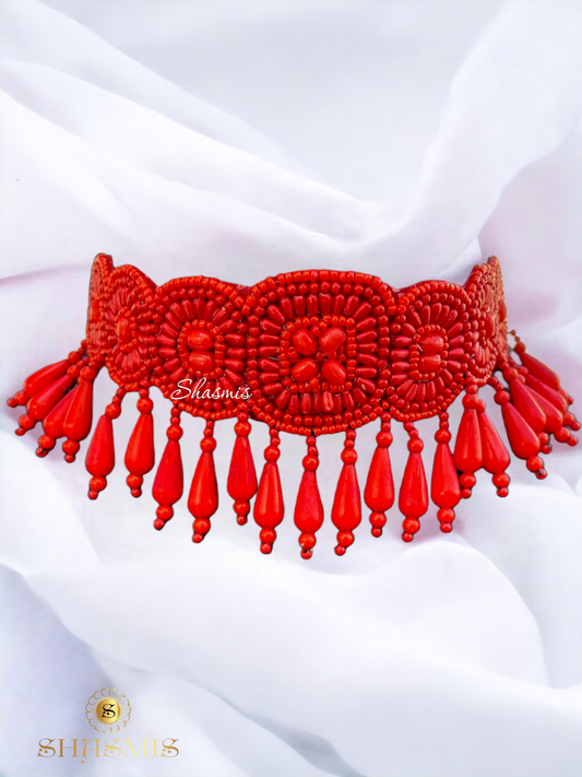 Red Color Beads With Design Drop Beads Embroidery Necklace And Earrings