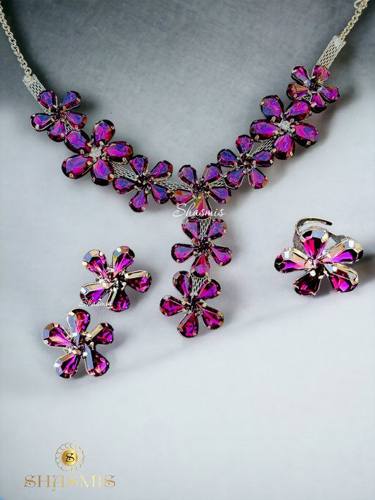 Wine Colorm Prerto Design Necklace With Earrings And Ring