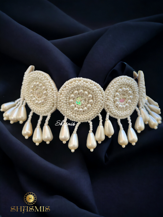 White Beads Design Embroidery Necklace With Earrings