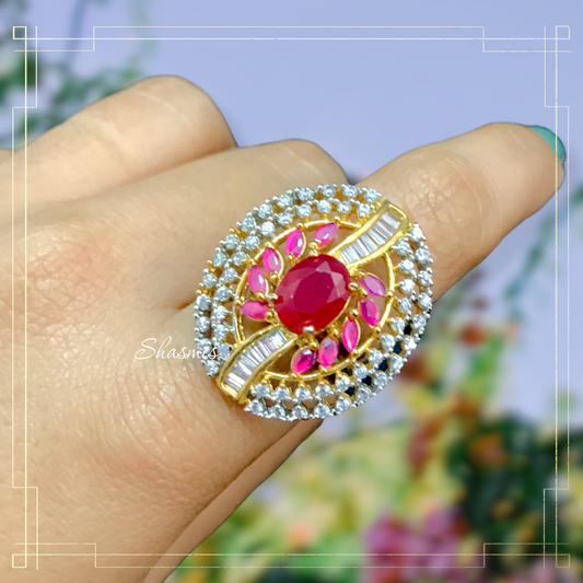 Ruby With Leaf Diamond Design Ring