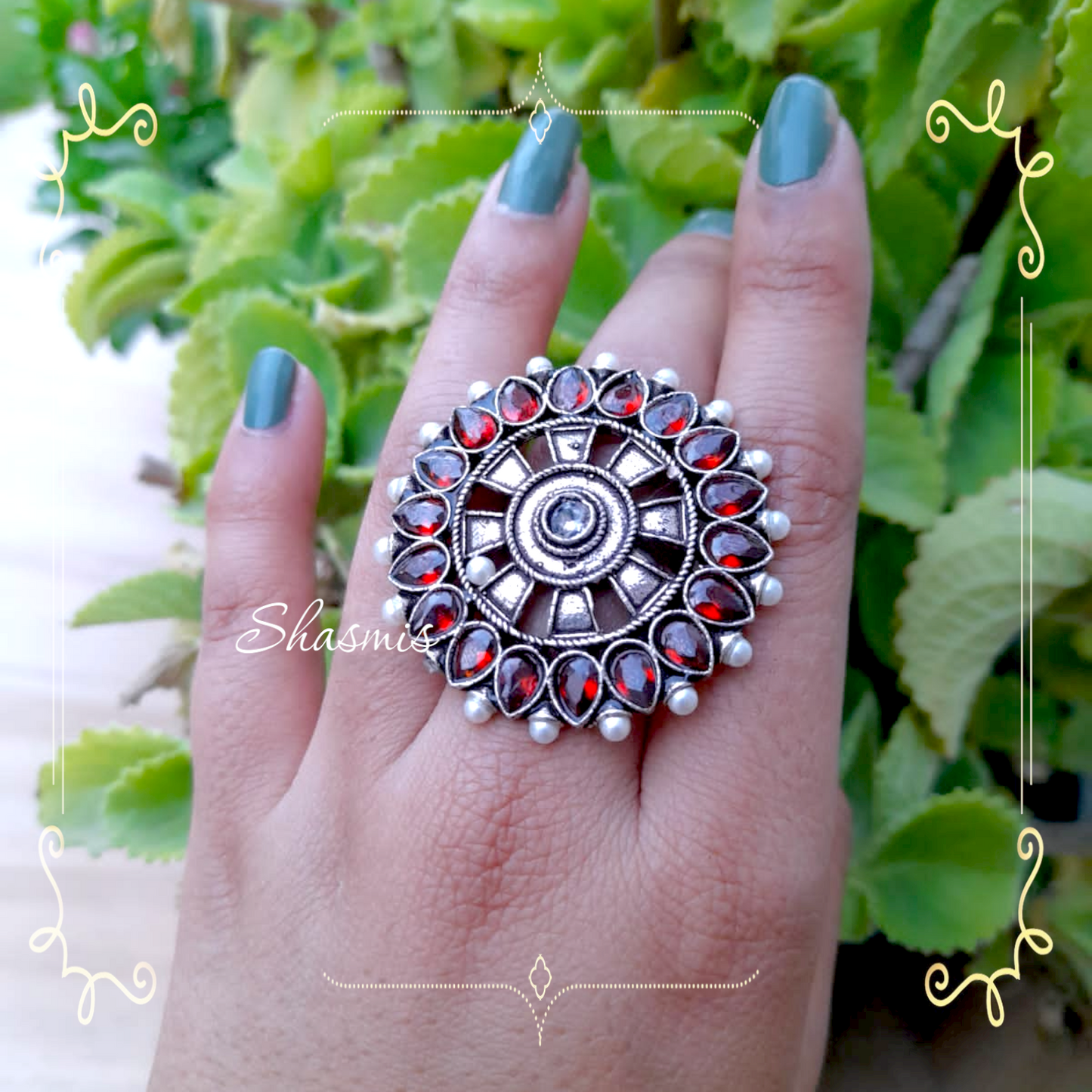 Authentic Oxidised Silver Ring with Coloured stones