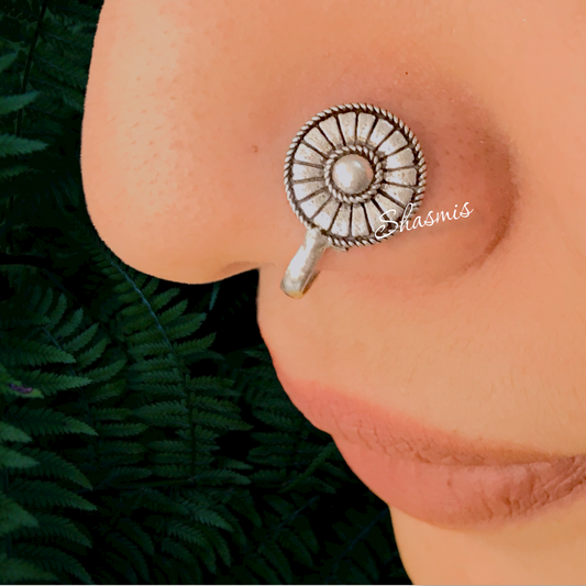 Round Silver Oxidised Non-Pierced Nose Pin