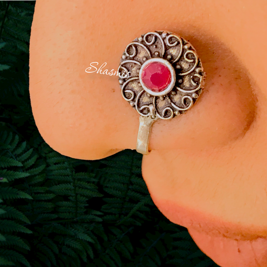 Ruby Oxidised Silver For Non-Pierced Nose Pin