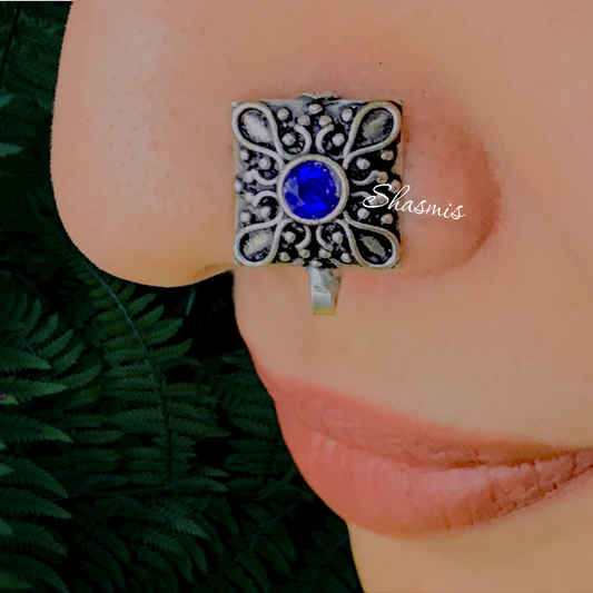 Blue Oxidised Silver Non-Pierced Nose Pin