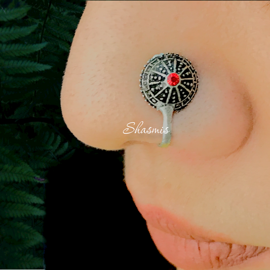 Red Stone Silver Oxidised Non-Pierced Nose Pin