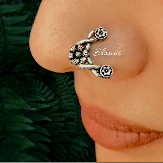 Flower Oxidised Silver Non-Pierced Nose Pin