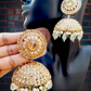 Champaign Stone Huge Sea Green Color Jhumka Earrings and Mangtika