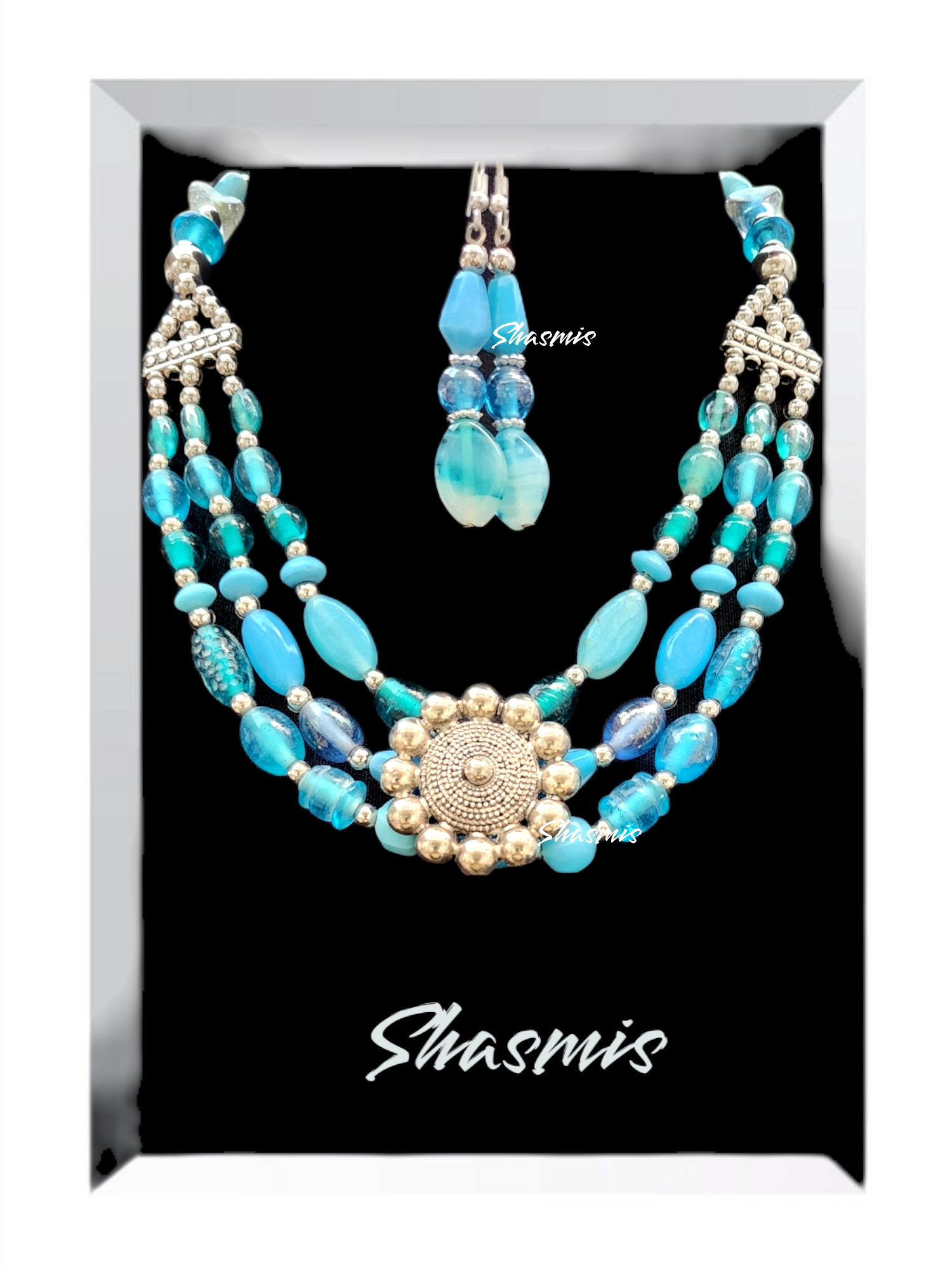 Blue Color Layer Beads With Silver Pendent Boho Fashion Necklace 