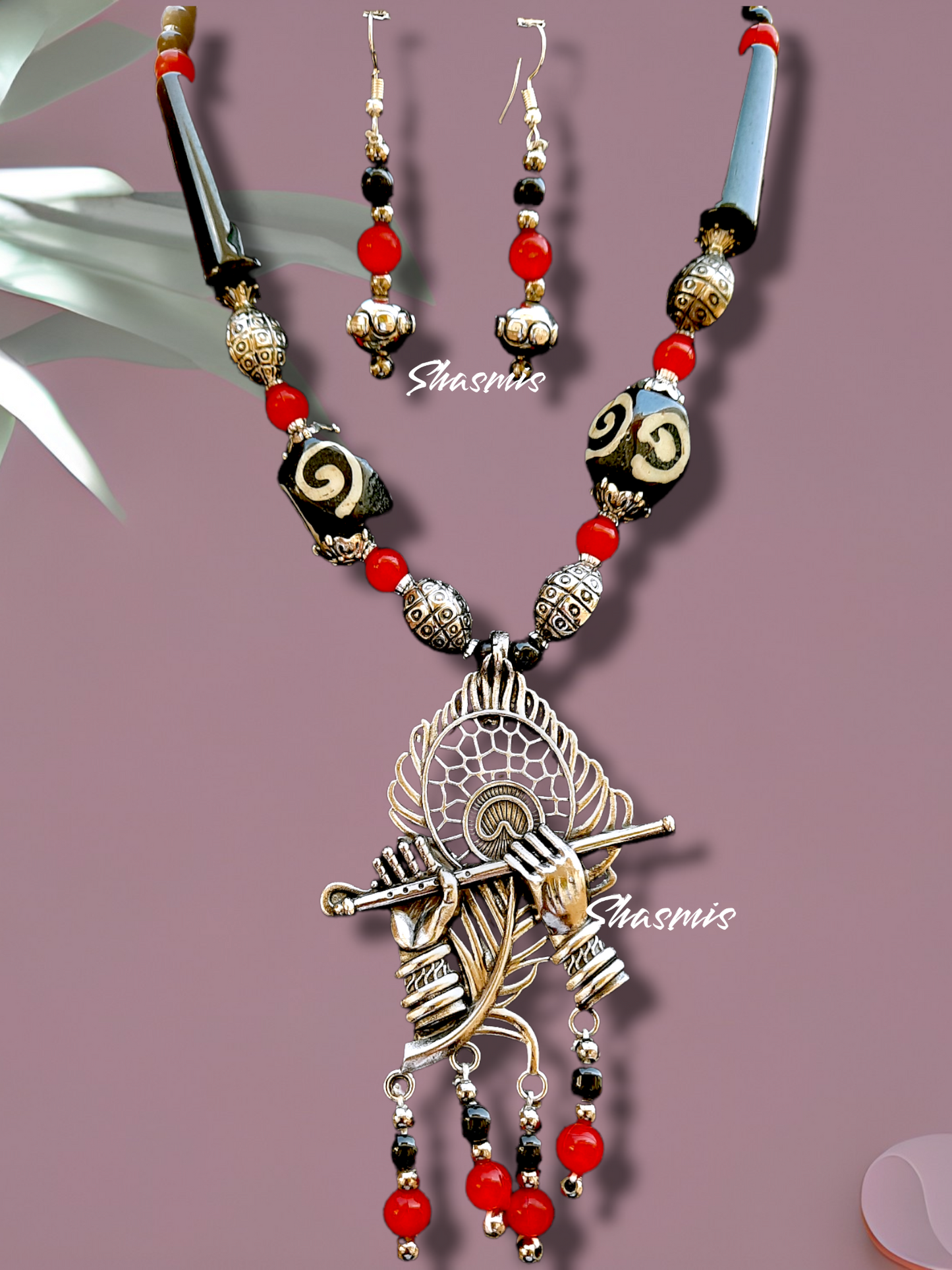 Peacock Feather With Bansuri Design Long Black And Red Beads Necklace and Earrings