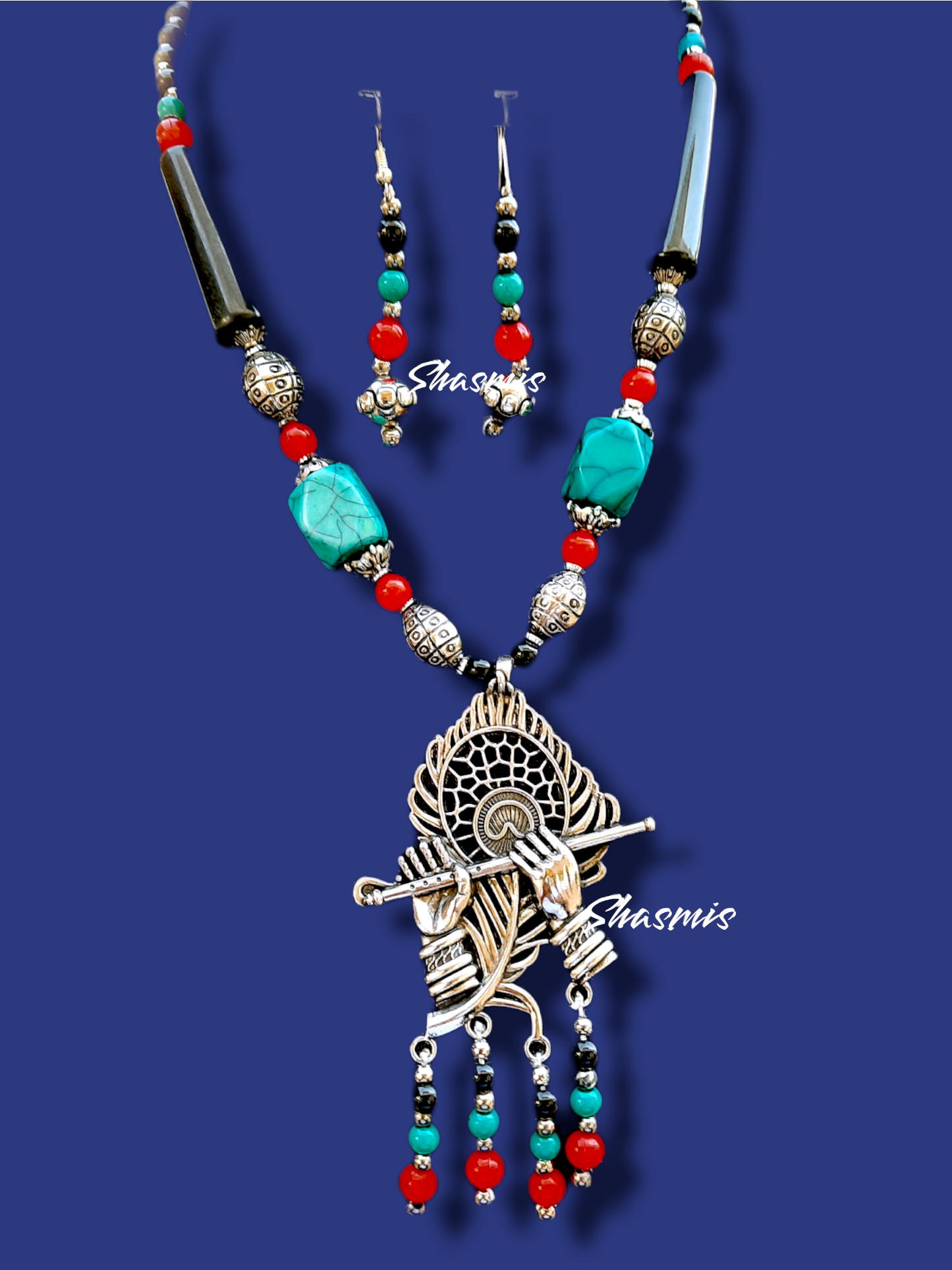 Turquoise and Red Beads Peacock Feather Necklace With Earrings