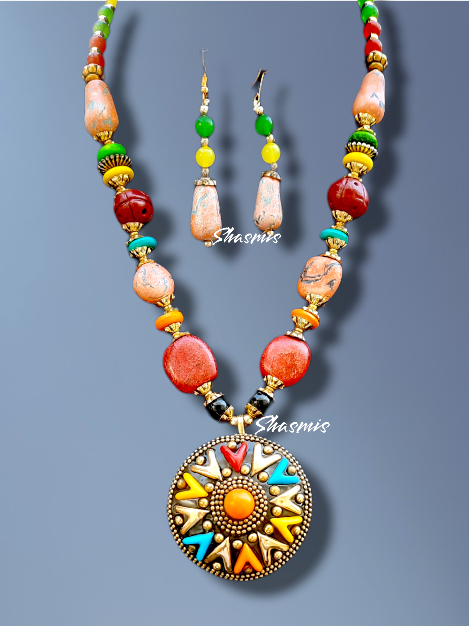 Multi Color Beads With Orange Centre Stone 