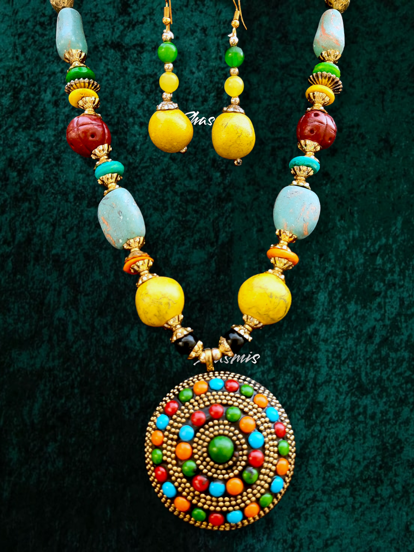 Navratna Stone Long Metal Necklace With Earrings