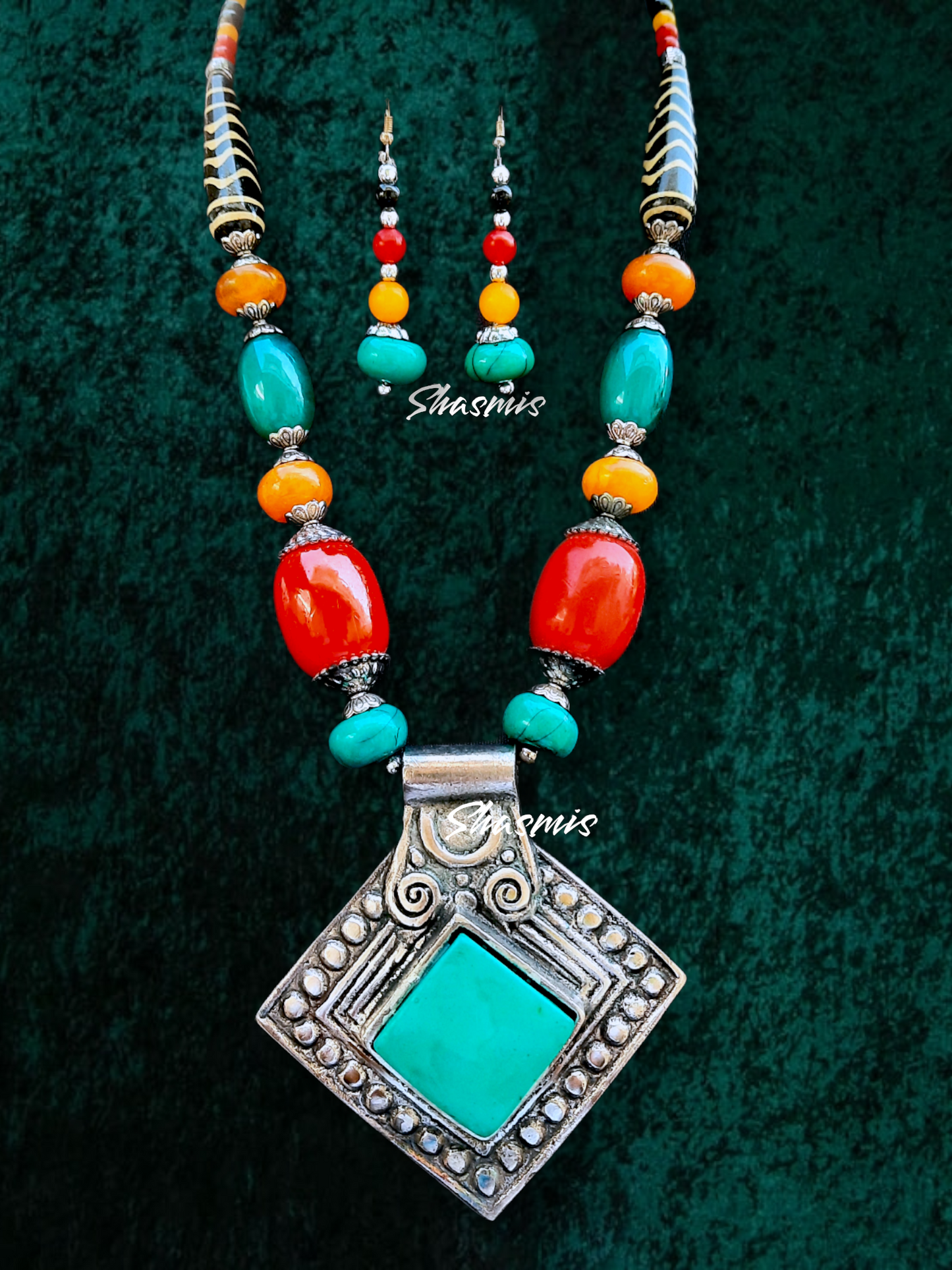 Turquoise Stone On Centre Pendent Silver Long Necklace 