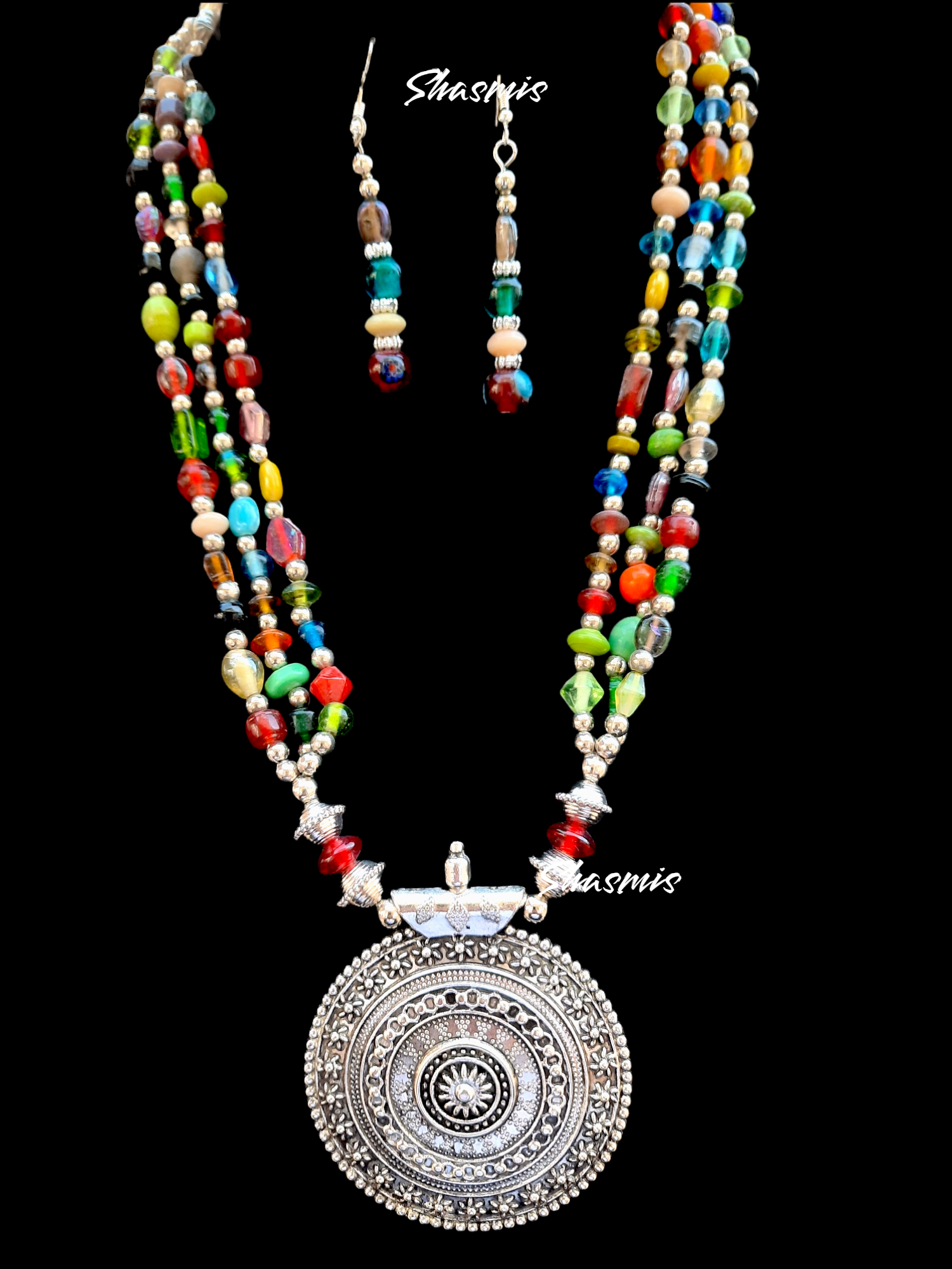 Multi Color Beads Silver Pendent Necklace With Earrings