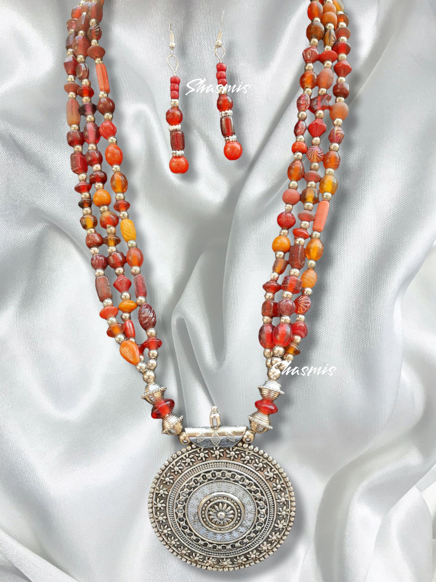 Silver Pendent With Red Shade Stone and Earrings