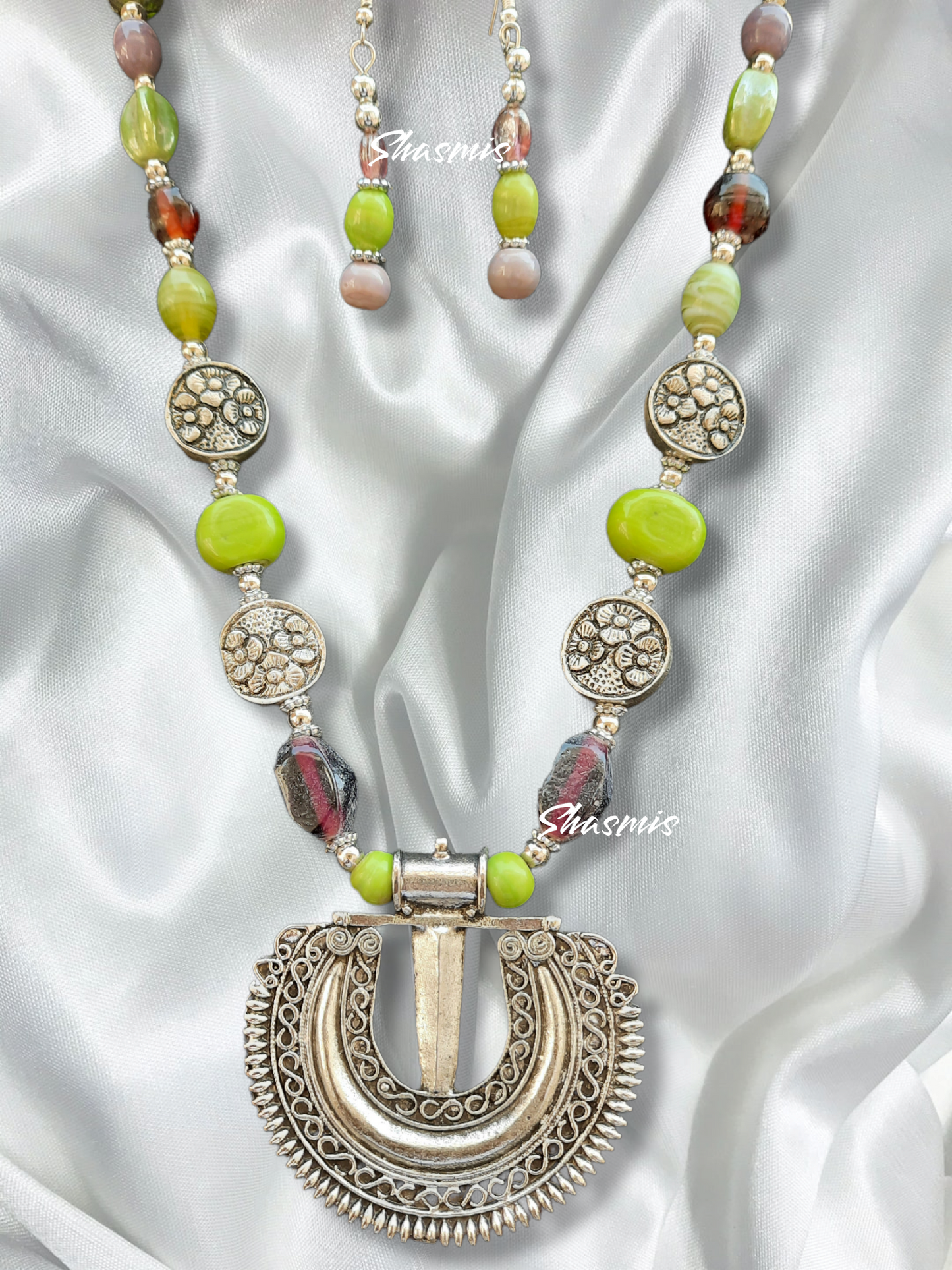 Silver Long Necklace With Beads And Earrings