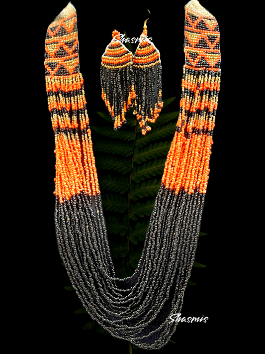 Orange and Black Long Beads Necklace With Earrings