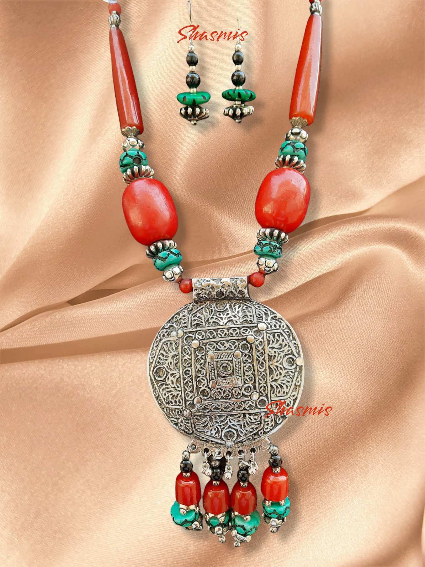 Long Red Beads With Silver Pendent and Earrings