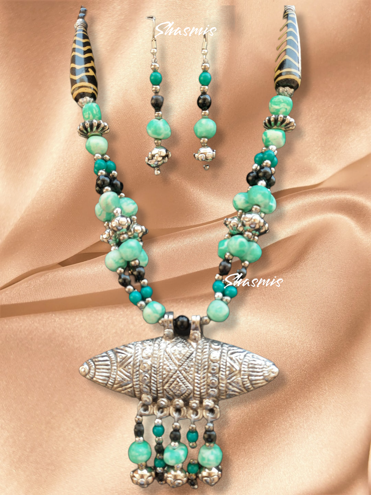 Turquoise Beads With Long Silver Necklace And Earrings