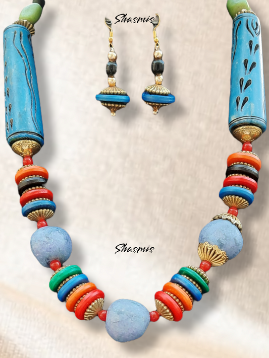 Blue Color Tibetan Fashion Beads Necklace With Earrings