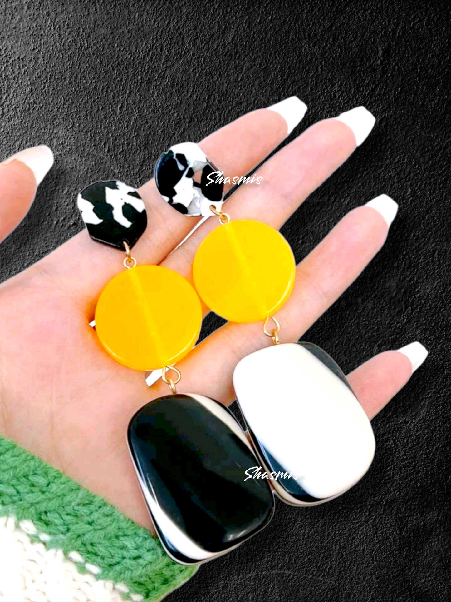 Black and White Stone With Yellow Stone Fancy Design Earrings