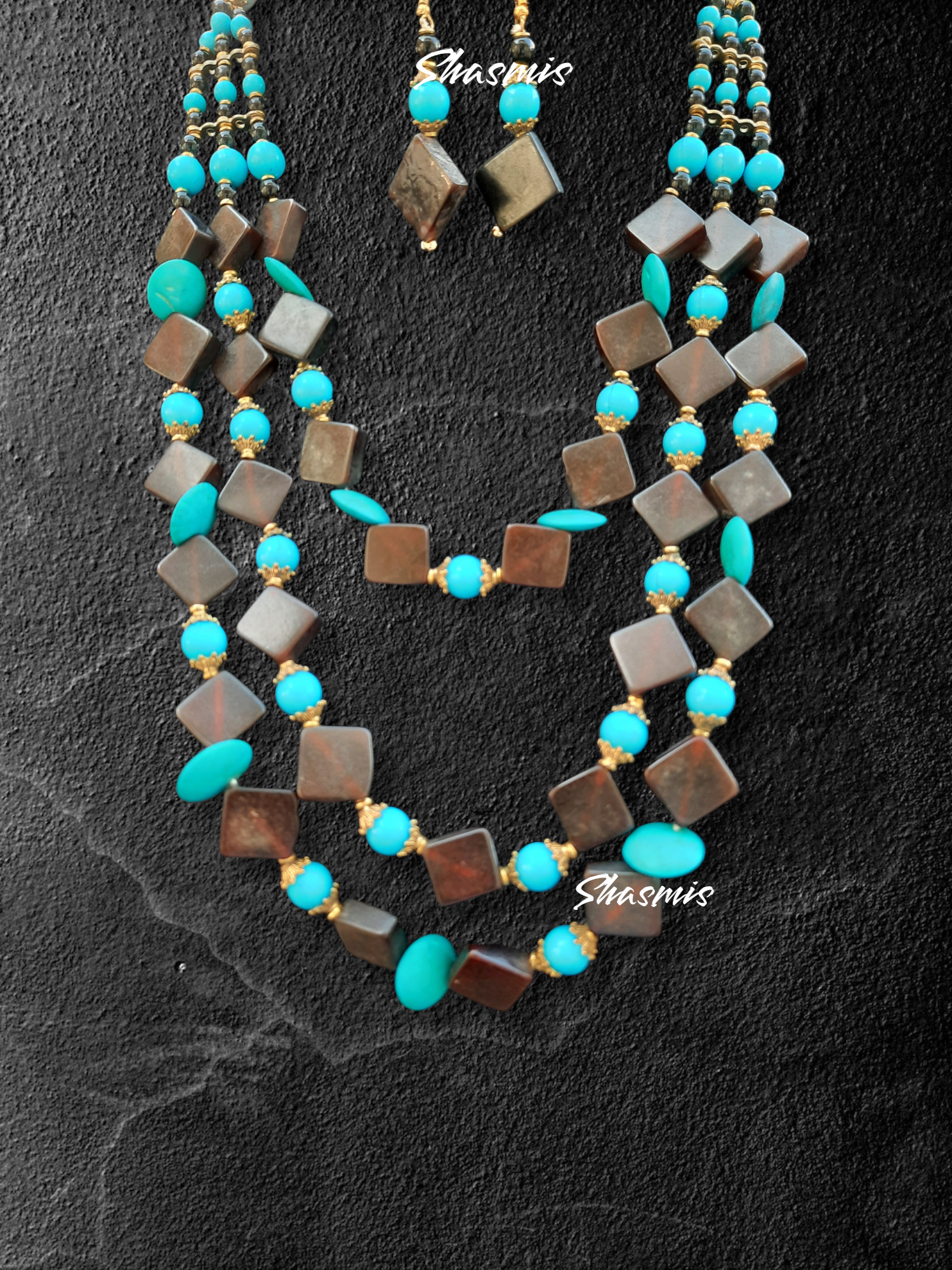 Long Layer Turquoise and Brown Wooden Beads Necklace With earrings