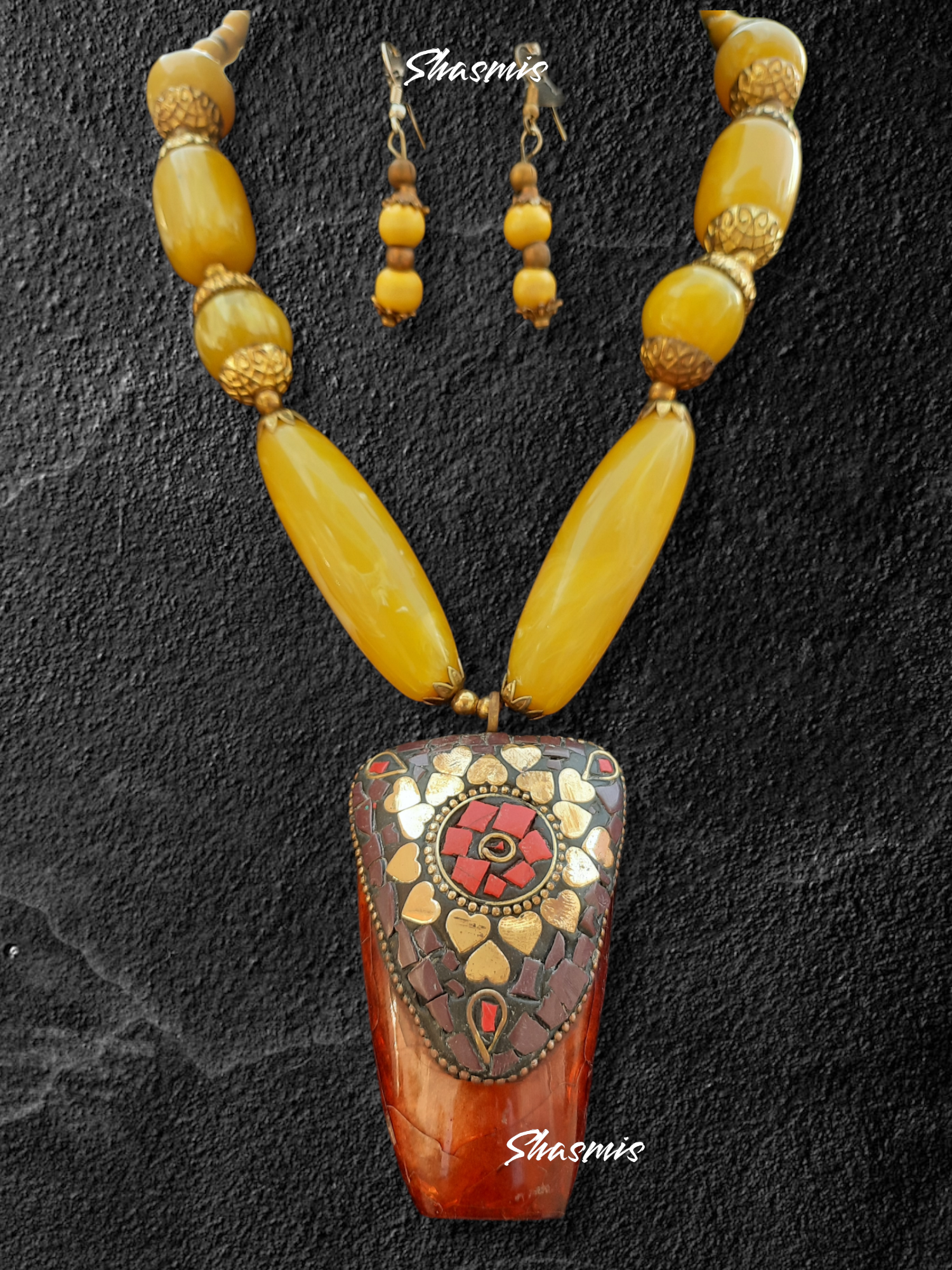 Mustard Color Stone With Brown Color Pendent Necklace 