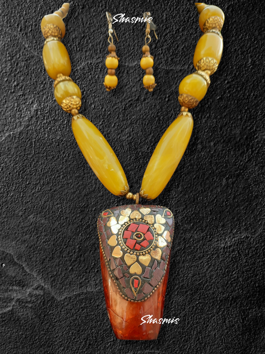 Mustard Color Stone With Brown Color Pendent Necklace 