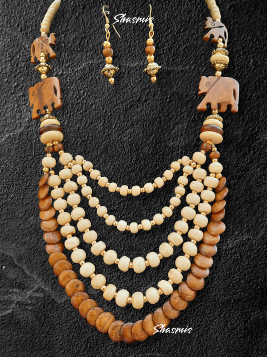 Beige Color Wooden Necklace With Earrings