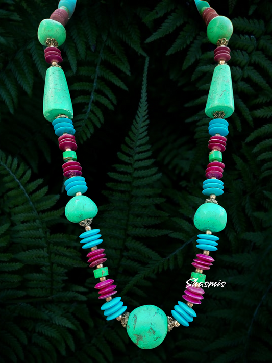 Turquoise Beads And Purple Beads Long Boho Necklace 