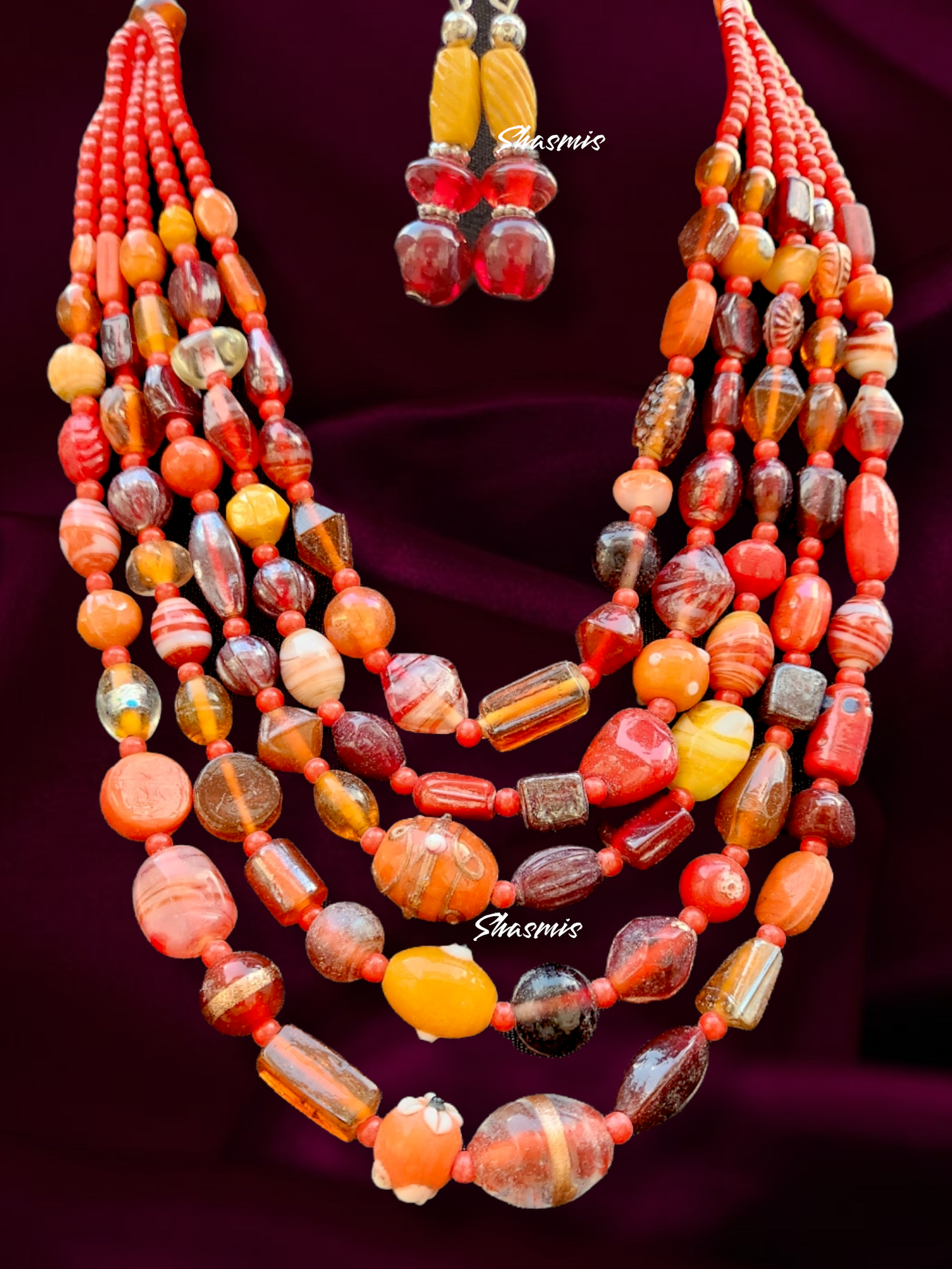 Red Shades Glass Bead Boho Fashion Necklace With Earrings