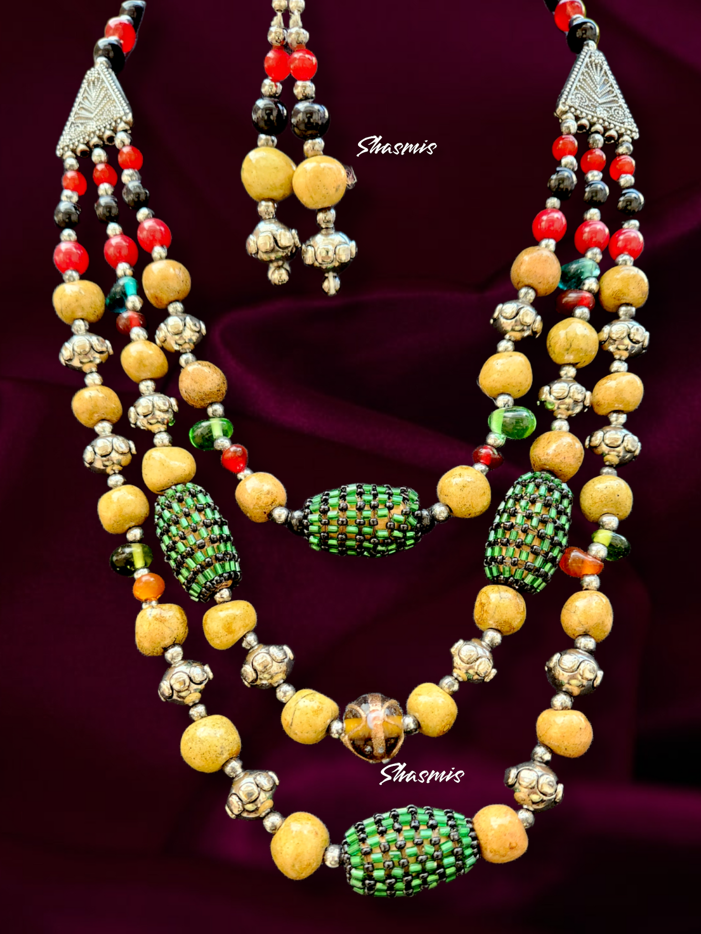 Green and Yellow Color Beads Tibetan Necklace With Earrings