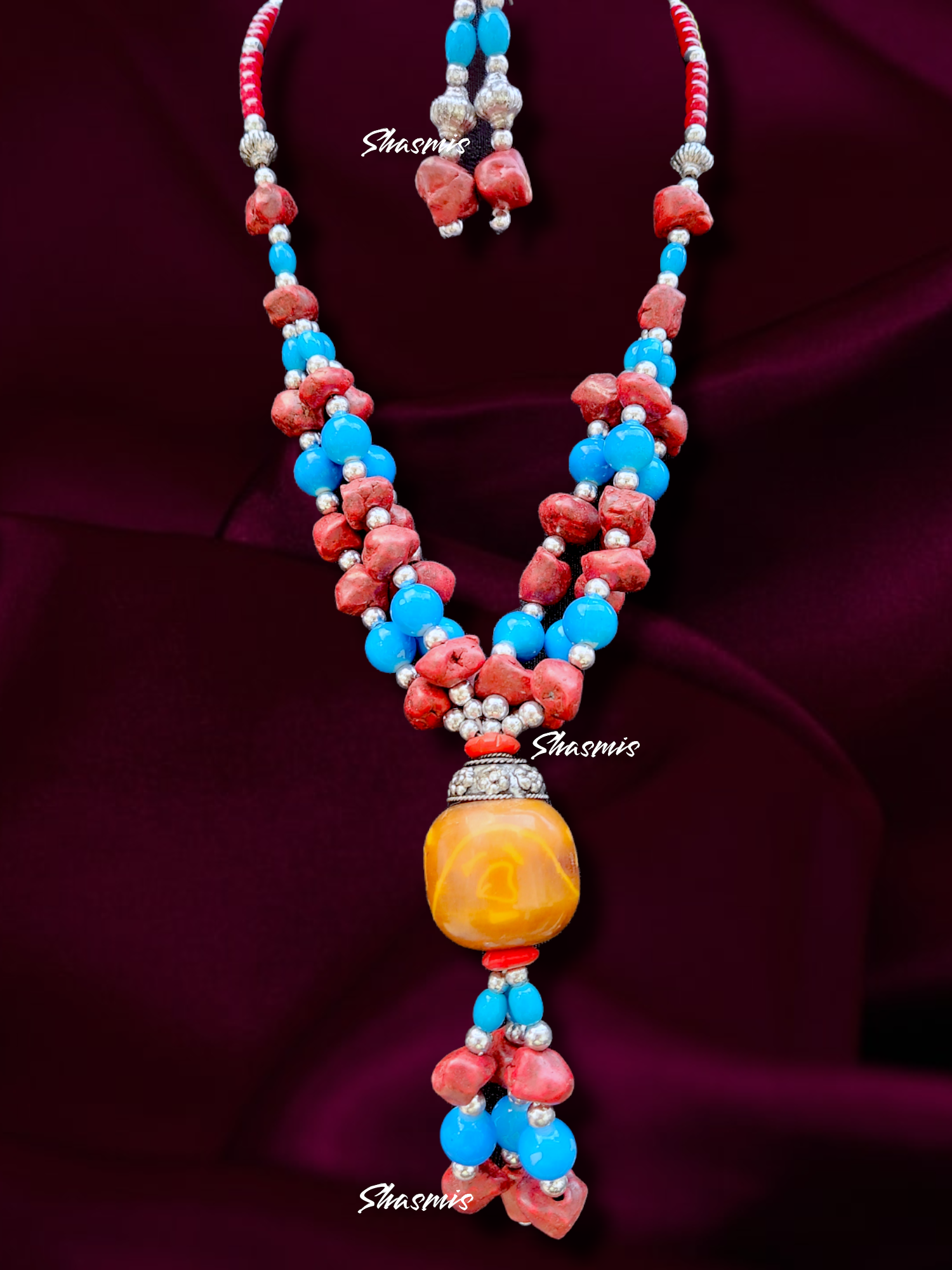 Red and Blue Color Beads Boho Fashion Necklace 