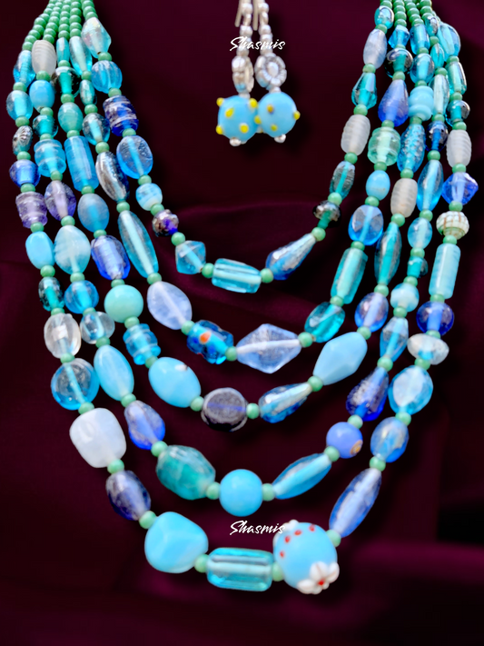 Long Blure Color Glass Beads With Different Shape Boho Necklace 