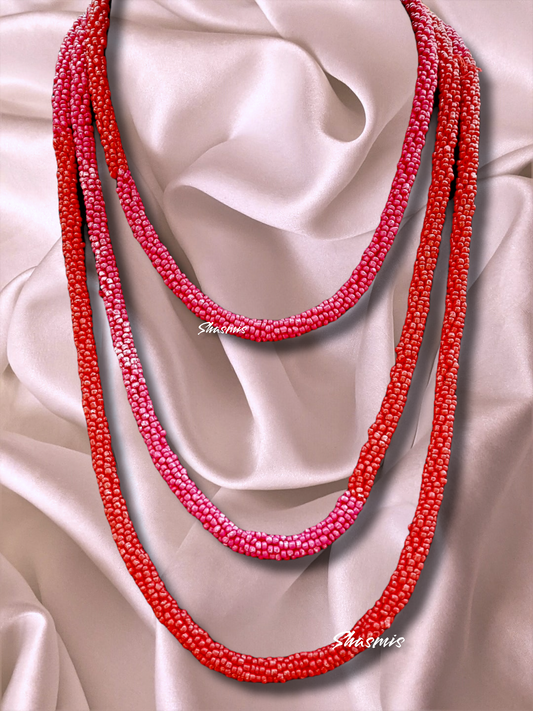 Pink Color Small Pearl Beads Long Layer Boho Necklace 